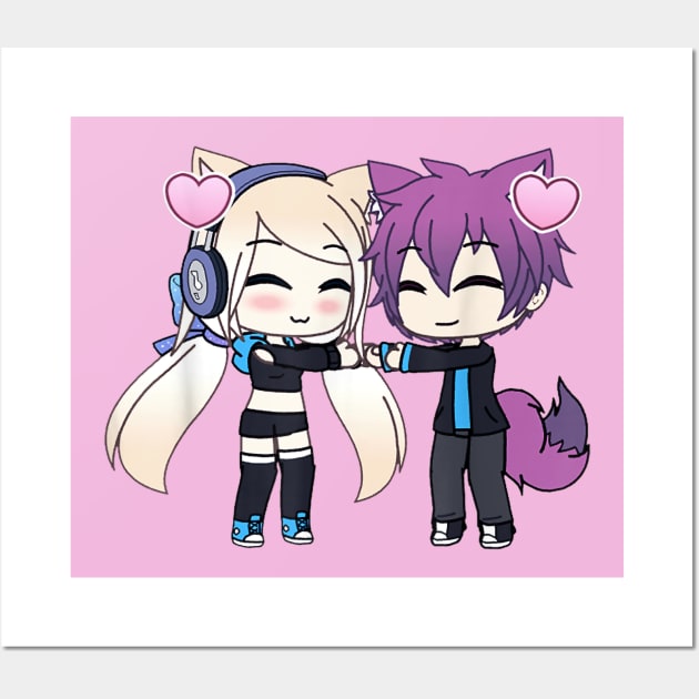 Cute Chibi style Kawaii Anime Girl and Boy Couple and Hearts Wall Art by Planet of Tees